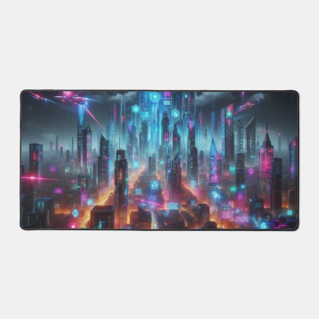 Cyberpunk Stadtbild, Science Fiction Design Schreibtischunterlage (Vorderseite)