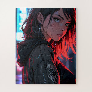 Cyberpunk Streetwear Anime Mädchen Neon-Nachtstadt