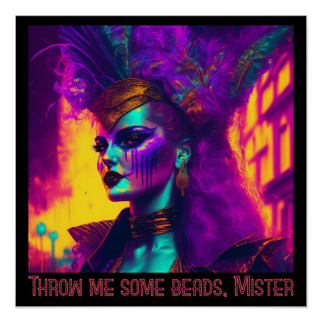 Cyberpunk synthwave Mardi Gras Femme Poster brilla (Devant)