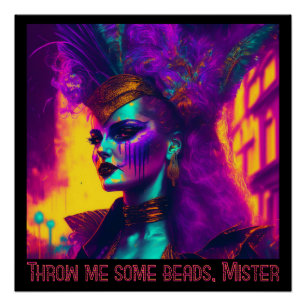 Cyberpunk-Synthwave Mardi Gras Woman Glossy Poster