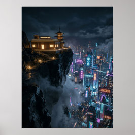 Cyberpunk-Tempel über der Neonstadt Poster