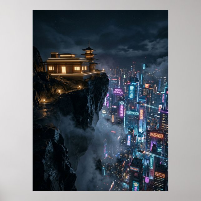 Cyberpunk Temple Over Neon City Poster (Vorne)