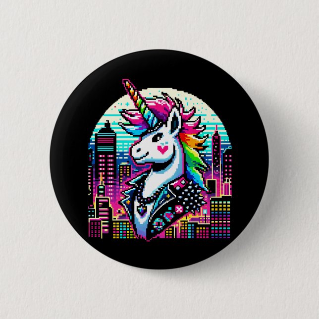 Cyberpunk Unicorn Neon Pixel Art City Design Button (Vorderseite)