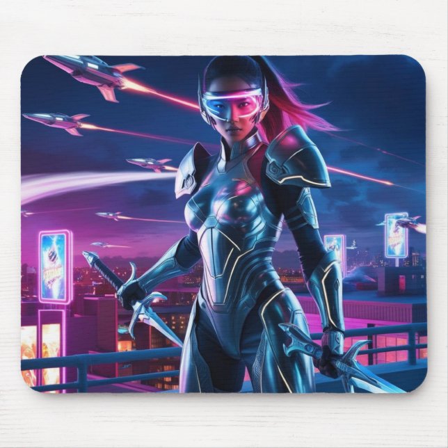 Cyberpunk Warrior Mouse Pad Neon Cityscape Design Mousepad (Vorne)