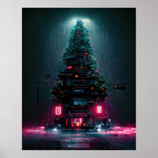 Cyberpunk Weihnachtsbaum Poster