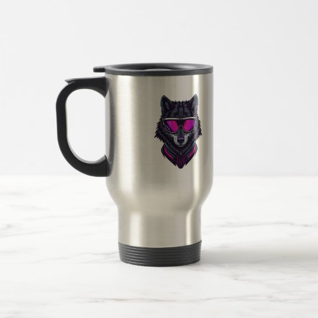 Cyberpunk Wolf Neon Art Personalizable Name Mug -  Reisebecher (Links)