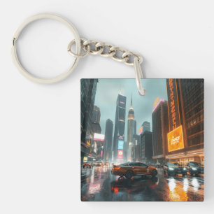 Cyberpunk-Wolkenkratzer-Stadt-Autos Schlüsselanhänger
