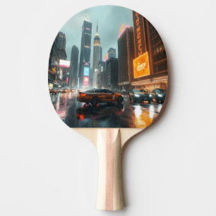 Cyberpunk Wolkenkratzer Stadt Autos Tischtennis Schläger