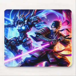 CyberSamurai vs. Mech Warrior-Neon Battle Mousepad