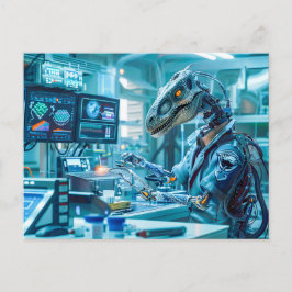 Cyborg Dinosaurier an einer High-Tech-Workstation Feiertagspostkarte