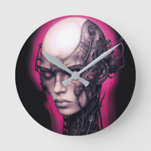 Cyborg Girl Cool Teen Pink Neon Runde Wanduhr