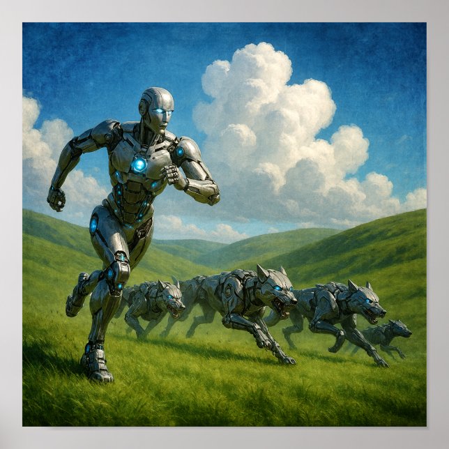 Cyborg und Roboterwölfe laufen Poster (Vorne)