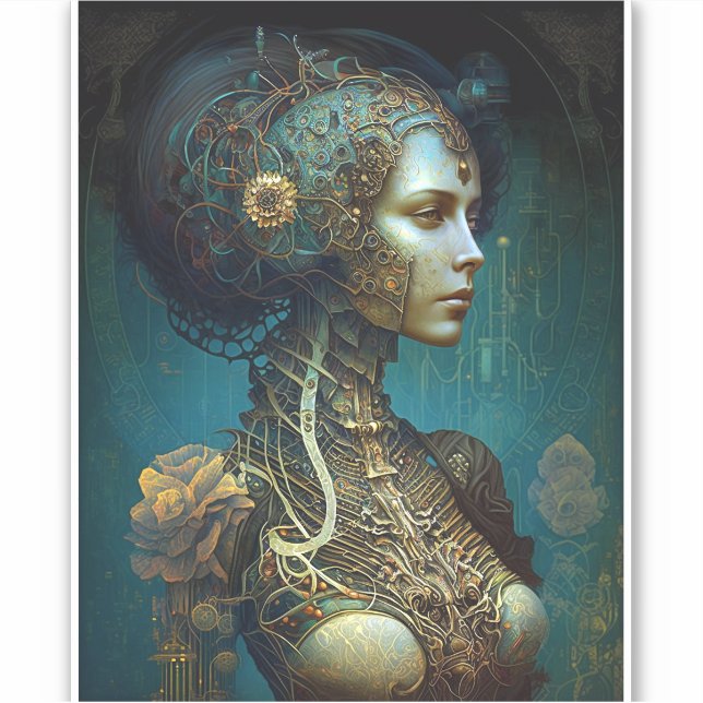 Cyborg Woman Fantasy Sci-Fi Art Aufkleber (Vorderseite)
