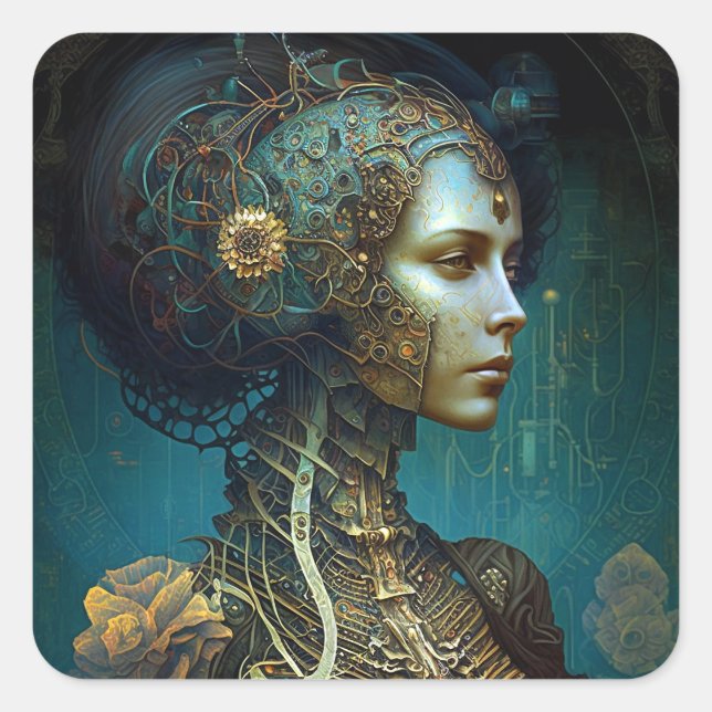 Cyborg Woman Fantasy Sci-Fi Art Quadratischer Aufkleber (Vorderseite)