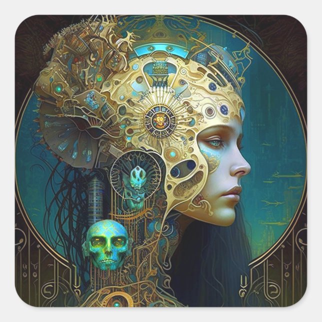 Cyborg Woman Fantasy Sci-Fi Art Square Sticker (Vorderseite)