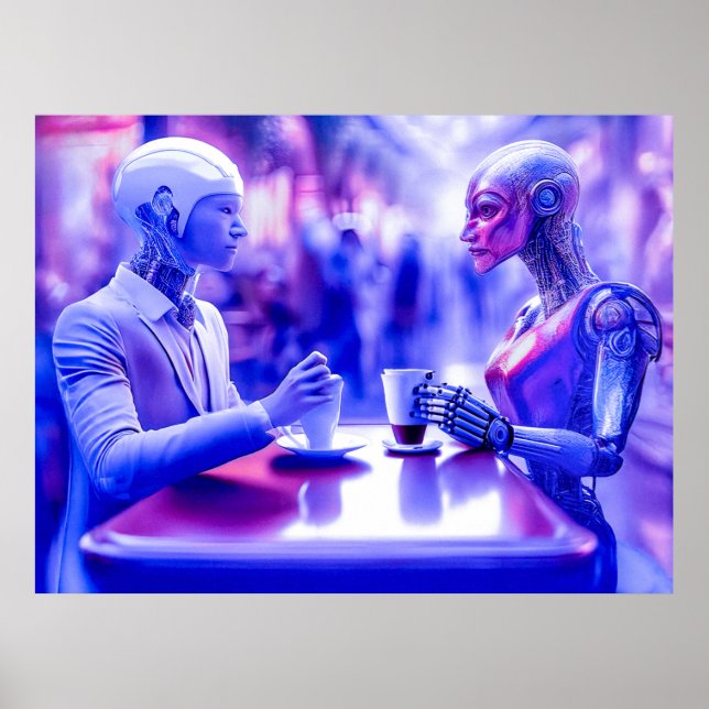 Cyborgs essen Getränke bei Straßenkaffee (AI) Poster (Vorne)