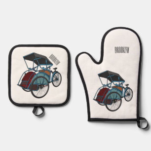 Cycle Rickshaw Cartoon Illustration Ofenhandschuh & Topflappen-Set