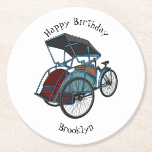 Cycle Rickshaw Cartoon Illustration Runder Pappuntersetzer
