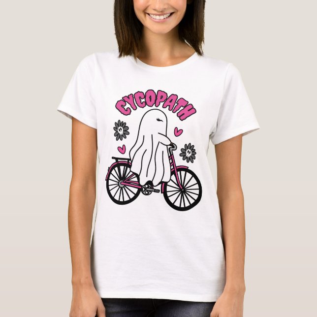 Cycopath Halloween Ghost on Pink Bicycle T-Shirt (Vorderseite)
