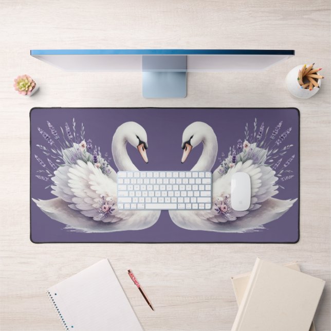 Cygne aquarelle avec fleurs de lavande (Bureau 1)