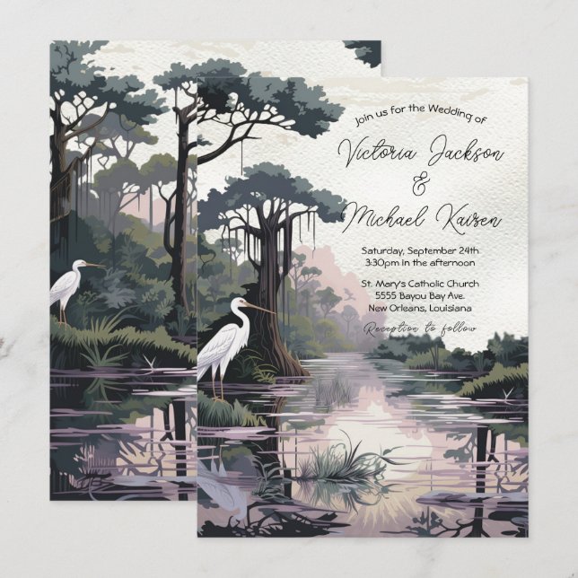 Cyprus Tree Crane Bayou Wedding Einladung (Vorne/Hinten)