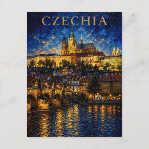 Czechia: Night Glow Prague Castle Art Souvenir Postkarte