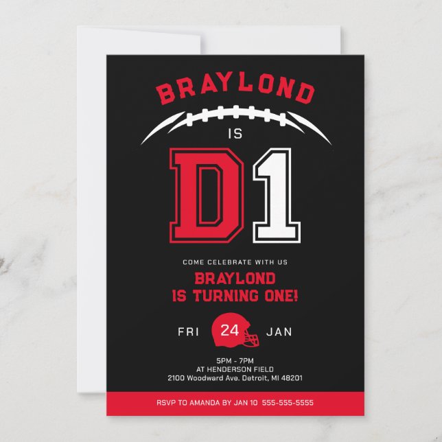 D1 American Football First Birthday Einladung (Vorderseite)