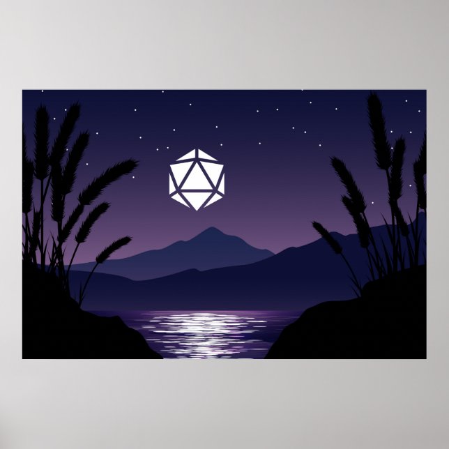 D20 Dice Moon Beach Reflection Tabletop RPG Poster (Vorne)