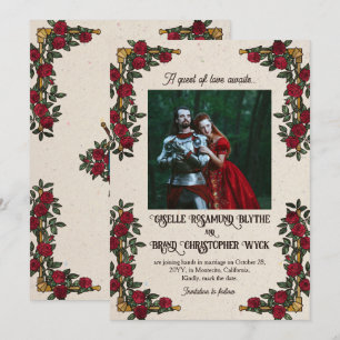 D20-Monogramm rote Rosen RPG-Themenhochzeit Save The Date