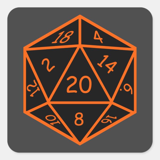 D20 Schwarz & Orange Quadratischer Aufkleber (Vorderseite)
