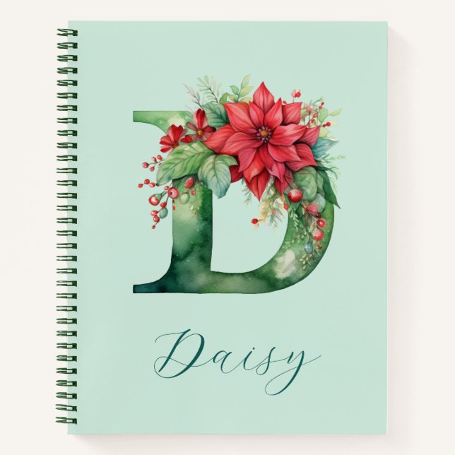 d) Blumenmonogramm grüne Aquarellfarben Weihnachte Notizbuch (Vorderseite)