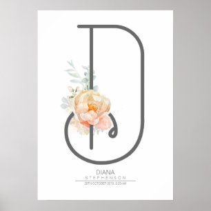 D Letter Monogram Blush Peach Floral Wohngestaltun Poster