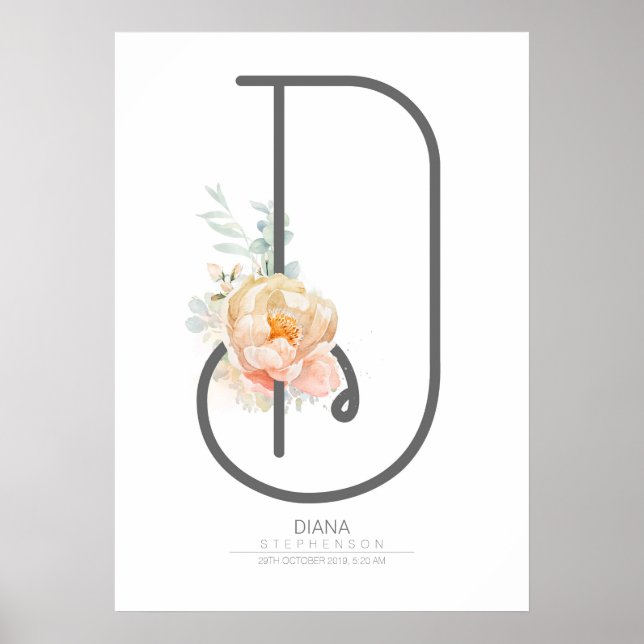 D Letter Monogram Blush Peach Floral Wohngestaltun Poster (Vorne)