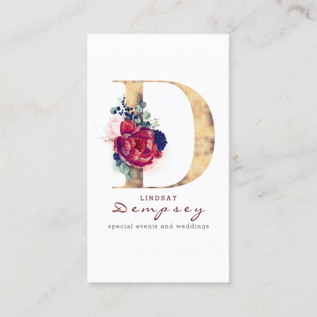 D Monogram Burgundy Gold und Navy Blue Floral Visitenkarte (Vorderseite)