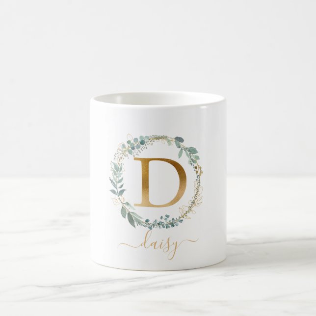 D Monogramm, kundenspezifischer Blattkranz Kaffeetasse (Mittel)