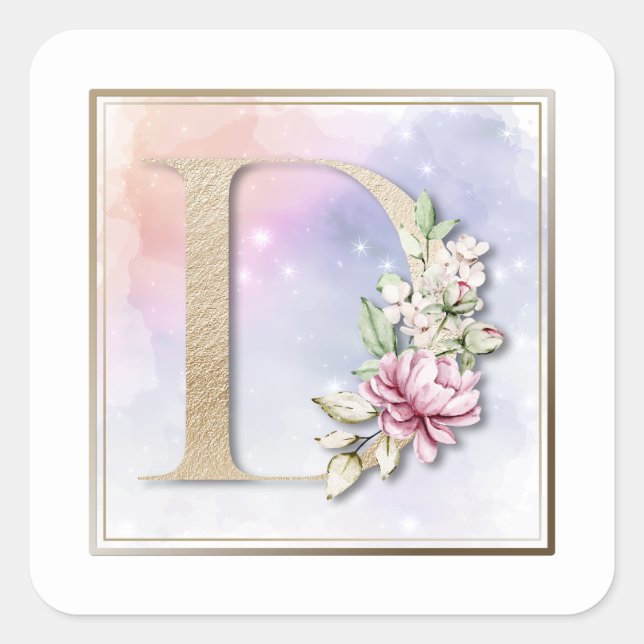 D Monogramm Pink Floral Quadratischer Aufkleber (Vorderseite)