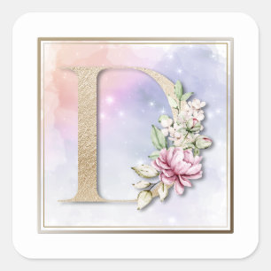 D Monogramm Pink Floral Quadratischer Aufkleber