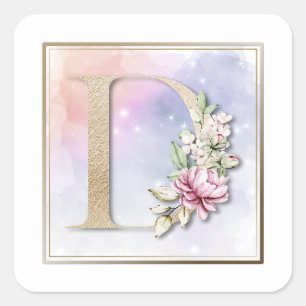 D Monogramm Rosa Blumen Quadratischer Aufkleber