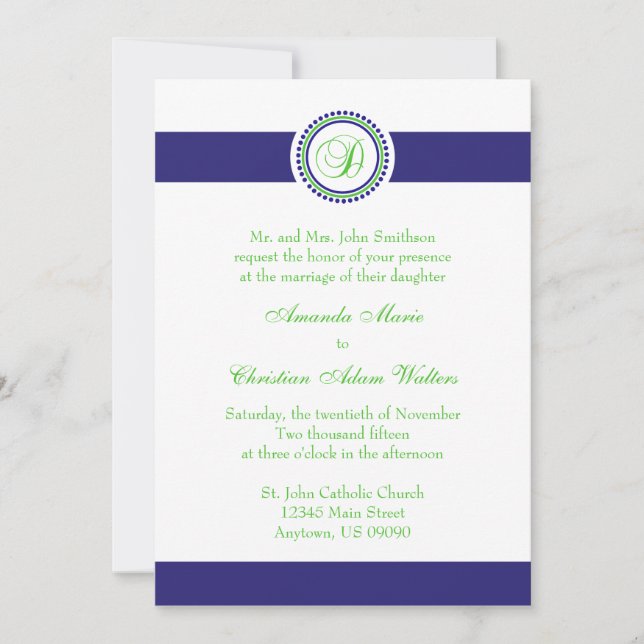D Monogramme Dot Cercle Wedding Invitations (Navy) (Devant)