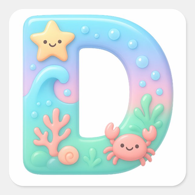 "D" Süßer Blasenbuchstabe - Unterwasser-Meereskrea Quadratischer Aufkleber (Vorderseite)