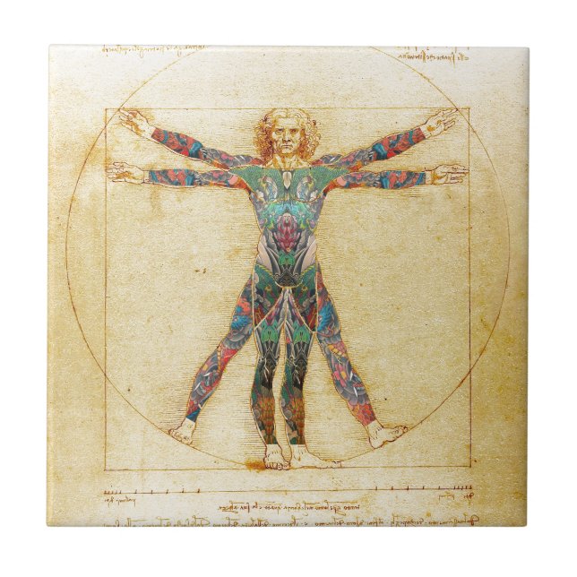 Da Vincis Vitruvian Mann mit Tätowierungen Fliese (Vorderseite)