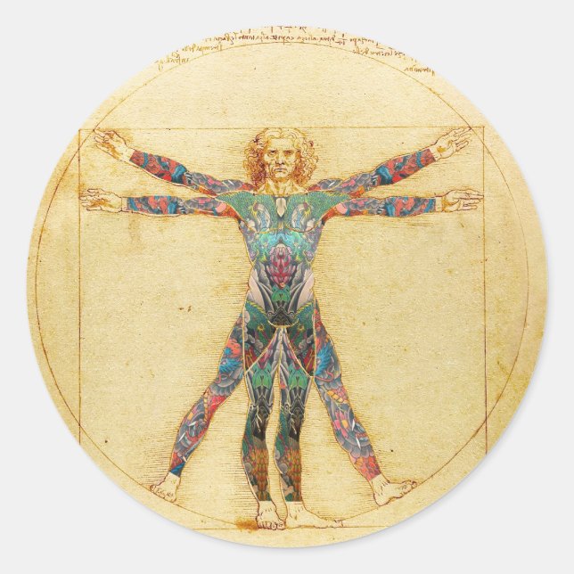 Da Vinci's Vitruvian Mann mit Tattoos Runder Aufkleber (Vorderseite)