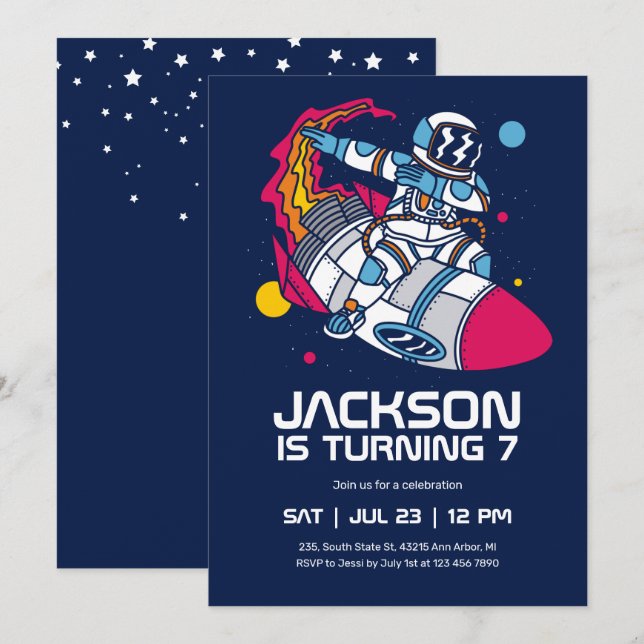 Dabbing Astronaut Weltraumrakete Kindergeburtstag Einladung (Vorne/Hinten)