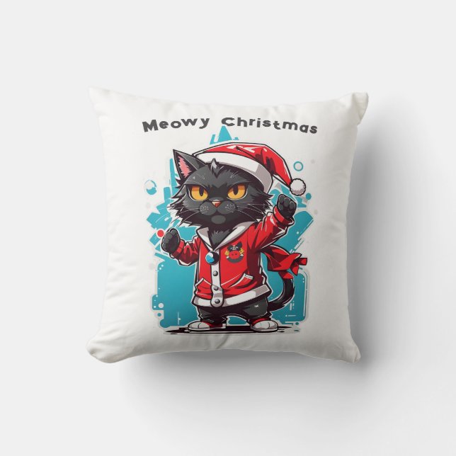Dabbing Black Cat: Meowy Weihnachtsfeierlichkeiten Kissen (Vorderseite)