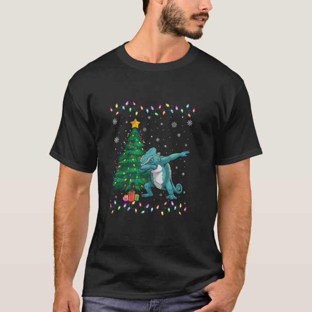 Dabbing Chameleon Xmas Tree Lights Ugules Weihnach T-Shirt (Vorderseite)