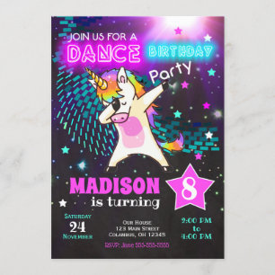 Dabbing Einicorn Geburtstagseinladung / Tanz-Party Einladung