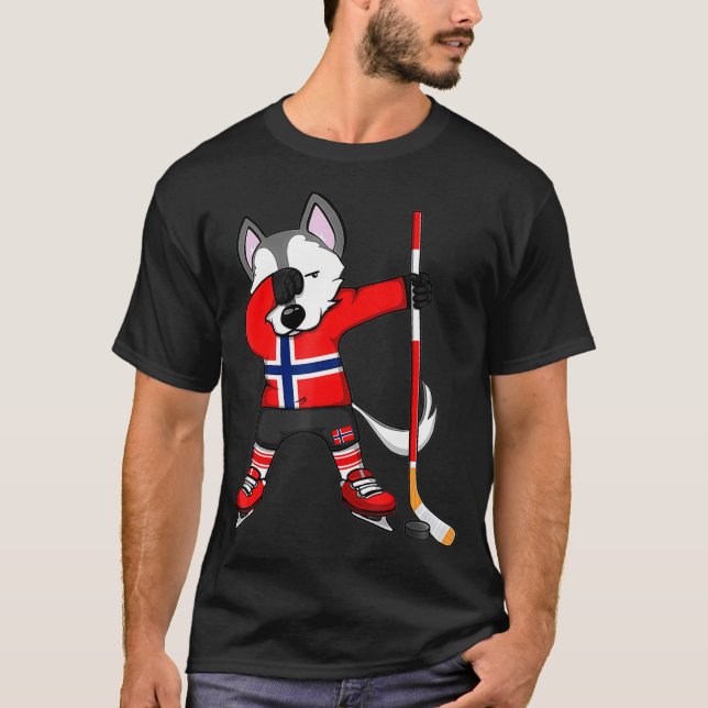 Dabbing Husky Norwegen Eishockey Fans Jersey Winte T-Shirt (Vorderseite)