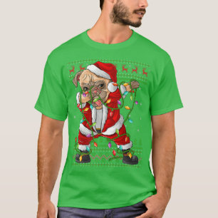 Dabbing Mops Dog Xmas Lights Funny Ugly Mops Santa T-Shirt