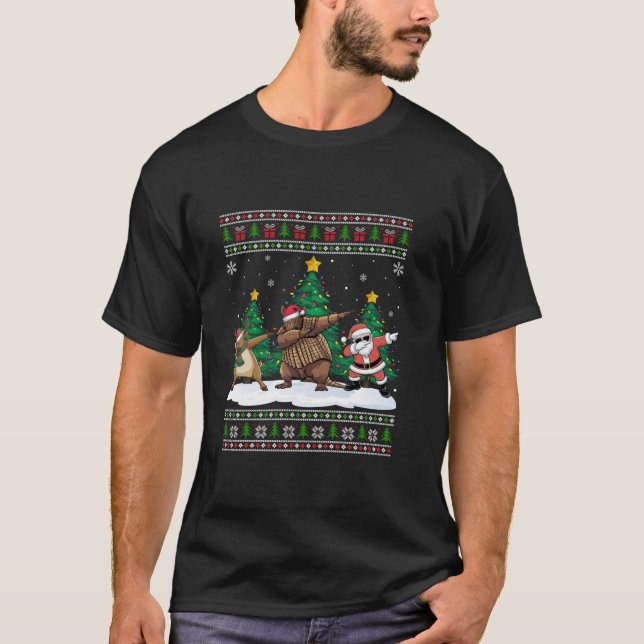 Dabbing Santa Reindeer Armadillo Tree Lights Ugly T-Shirt (Vorderseite)