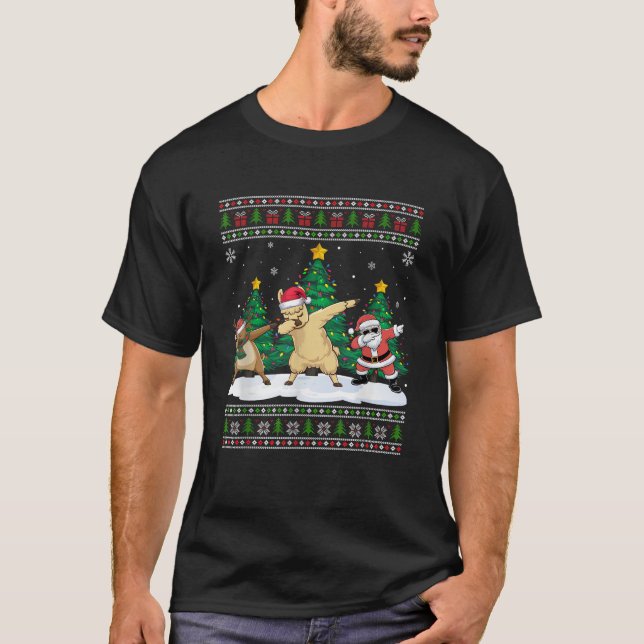 Dabbing Santa Reindeer Llama Tree Lights Ugly Xmas T-Shirt (Vorderseite)